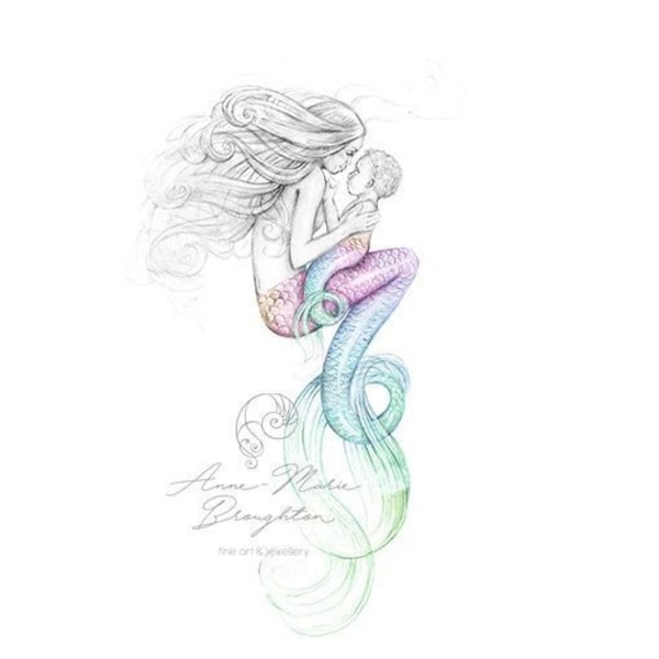 PRINT Mother Mermaid and Baby Art Unframed Colour Splash Rainbow Tail
