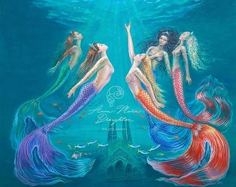 PRINT Beneath The Sea Mermaid Sisters Fairytale Art