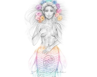 PRINT Wild Rose Mermaid Art Unframed Colour Splash Rainbow Tail Pencil Drawing