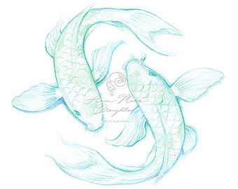 PRINT Koi Pisces Fish Zodiac Horoscope Art Unframed Pencil Drawing Illustration