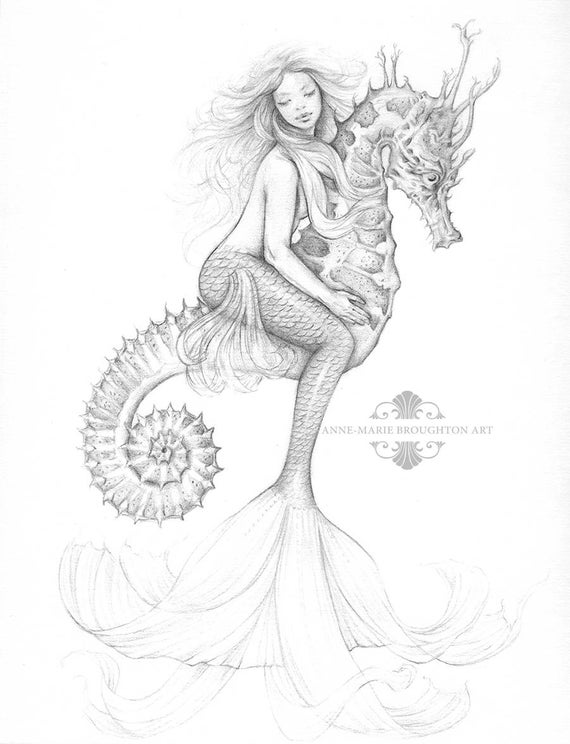 ORIGINAL Mermaid Art Drawing 8x10 inch Mermaid Riding Seahorse | Etsy