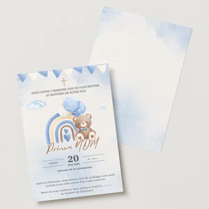 Teddy Bear & Hot Air Balloon Baptism Invitation – Personalized Digital Card to Print – Poetic Theme for Baby Boy or Girl – PDF File