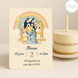 Szablon zaproszenia urodzinowego Bluey | Zaproszenie na imprezę Rainbow | Edytowalny Canva do pobrania | Karta urodzinowa z kreskówkową rodziną
