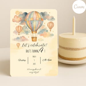Convite de aniversário com balão de ar quente | Convite para festa em aquarela | Modelo editável do Canva | Convite infantil com tema de aventura