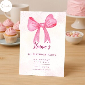 Rosa Schleife Geburtstagseinladung Vorlage | Bearbeitbare Mädchen-Geburtstags-Einladung | Canva Digitaler Download | Baby Mädchen Party Einladung