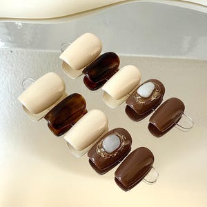Latte Art Press On Nails: Brown Beige Marble Almond, Reusable Handmade Set