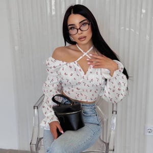 Floral Muslin Blouse for Women – Natural Cotton Top with Long Sleeves | Romantic Boho Shirt | Summer Blouse / Plus Size