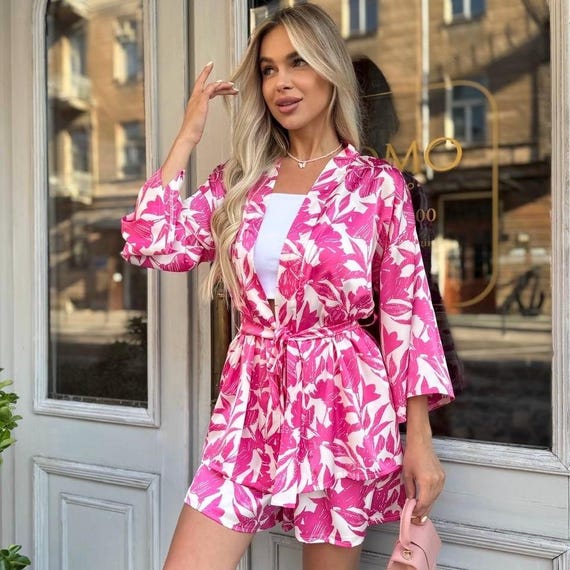 Conjunto de kimono floral rosa Conjunto de dos piezas para mujer