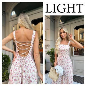 White Floral Sundress | Open Back Midi Dress | Lace Up Romantic Dress | Cottagecore White Look | Summer Garden Outfit | Beach Picnic Dress