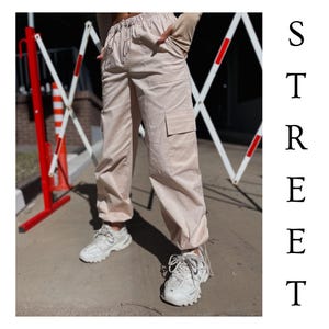Boho Baggy Cotton Pants for Women – Wide Leg Harem Streetwear Trousers with Pockets & Elastic Waist – Y2K Beige Cargo Pants Summer Clothes