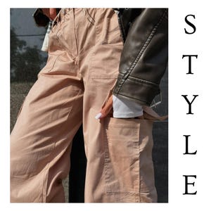 Y2K Wide Leg Pants for Women – Cotton Elastic Waist Baggy Trousers with Pockets – Beige Harem Pants, Boho Streetwear, Summer Outfit