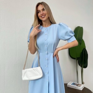 Blue Retro Dress | Pearl Button Dress | Puff Sleeve Dress | Elegant Modest Dress | Romantic Blue Look | Fit And Flare | Garden Party