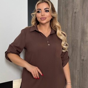 Brown Plus Size Blouse | Loose Fit Shirt For Women | Soft Fabric Long Sleeve Top | Casual Oversized Blouse | Minimalist Work Shirt, Green