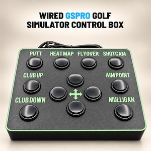 May include: A black wired GSPro golf simulator control box with a green border. The device features twelve round black buttons and green text labels including Putt, Heatmap, Flyover, Shotcam, Club Up, Aim Point, Club Down, and Mulligan.
