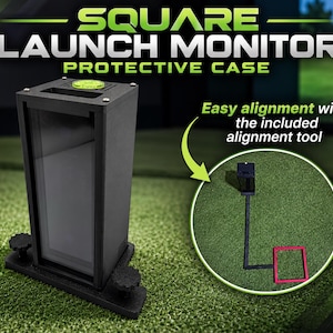 May include: A black protective case for a square launch monitor featuring a top-mounted green bubble level. The case includes an alignment tool with a black L-shaped arm and a red square frame, as shown in the inset graphic with the text Easy alignment.