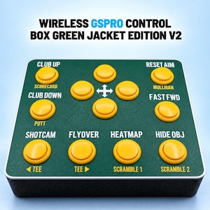 May include: A Wireless GSPRO Control Box Green Jacket Edition V2 featuring a dark green surface with yellow buttons. The text includes CLUB UP, SCORECARD, CLUB DOWN, PUTT, SHOTCAM, TEE, FLYOVER, HEATMAP, HIDE OBJ, RESET AIM, MULLIGAN, FAST FWD, and SCRAMBLE.