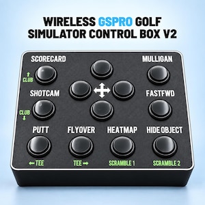 May include: A black wireless GSPRO golf simulator control box V2 with twelve circular black buttons. The device features white text labels including Scorecard, Mulligan, Shotcam, Fastfwd, Putt, Flyover, Heatmap, Hide Object, Club, and Tee.