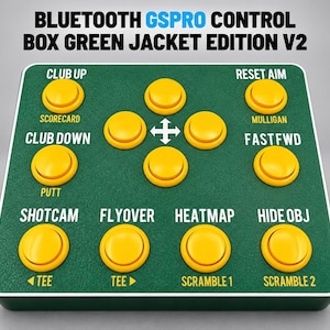 May include: A green Bluetooth GSPRO Control Box Green Jacket Edition V2 with ten yellow circular buttons. The device features white text labels including Club Up, Scorecard, Club Down, Putt, Reset Aim, Mulligan, Fastfwd, Shotcam, Flyover, Heatmap, Hide Obj, Tee, and Scramble.