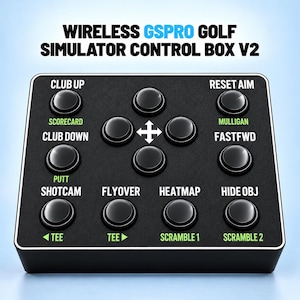 May include: A black wireless GSPRO golf simulator control box V2 with multiple circular buttons. The interface features white and green text labels including Club Up, Reset Aim, Scorecard, Mulligan, Club Down, Fastfwd, Putt, Shotcam, Flyover, Heatmap, Hide Obj, Tee, and Scramble.