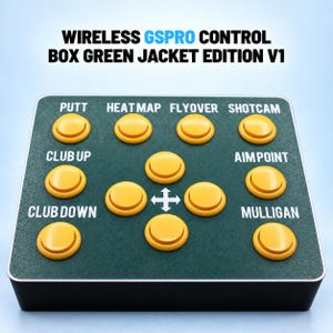 May include: A rectangular wireless GSPRO Control Box Green Jacket Edition V1 with a dark green textured surface and eleven yellow circular buttons. White text labels include Putt, Heatmap, Flyover, Shotcam, Club Up, Club Down, Aim Point, and Mulligan.