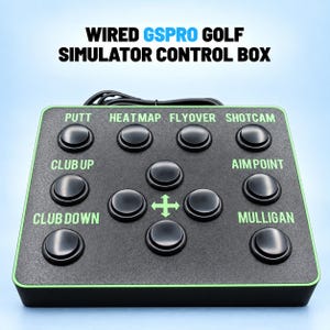May include: A black wired GSPro golf simulator control box with a green border. The device features twelve circular black buttons and green text labels including Putt, Heatmap, Flyover, Shotcam, Club Up, Club Down, Aim Point, and Mulligan.