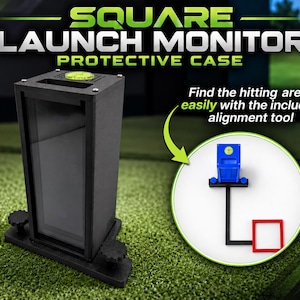 May include: A black protective case for a square launch monitor with a top-mounted circular level. An inset circle shows a blue version of the case with a black alignment tool and a red square frame, labeled with the text: Find the hitting area easily with the included alignment tool.