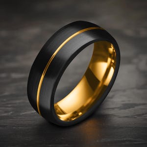 Dome Brushed Black Tungsten Wedding Band, 8mm Yellow Gold Center Line and Gold Interior, Beveled Edge, Mens Ring, Comfort Fit, Engraved Gift