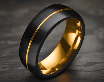 Dome Brushed Black Tungsten Wedding Band: 8mm Yellow Gold Inlay, Comfort Fit, Free Custom Engraving, Personalized Gift for Him or Her
