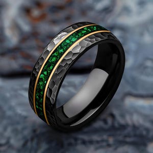 Hammered Tungsten 8mm Wedding Band, Crushed Emerald Inlay, Brushed Black, 18K Yellow Gold Ring, Comfort Fit, Dome, Gift for Him, Anniversary