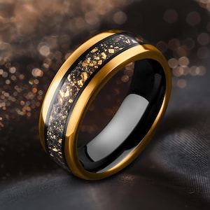 Polished Yellow Gold Meteorite Ring, Mens 8mm Tungsten Carbide Band with Gold Leaf, Black Wedding Ring for Husband, Crushed Meteorite Inlay