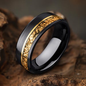 Mens Black Wedding Ring, Brushed Finish, 18K Gold Leaf Inlay, Yellow Gold Strip, Meteorite Ring, Tungsten Carbide Band, 8mm Men Wedding Band