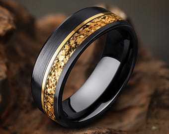 Mens Black Wedding Ring, Brushed Finish, 18K Gold Leaf Inlay, Yellow Gold Strip, Meteorite Ring, Tungsten Carbide Band, 8mm Men Wedding Band