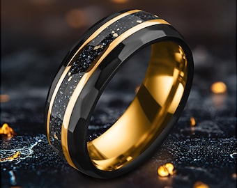 Mens Black and Gold Hammered Wedding Ring, Blue Sandstones and Gold Leaf Inlay, 8mm Tungsten Band, Yellow Gold Strips, Engagement Ring, Gift