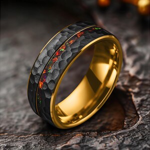 8mm Gold and Black Tungsten Wedding Ring with Crushed Fire Opal Inlay, Comfort Fit Band, Mens Ring, Hammered Finish, Bevel Edge Wedding Ring
