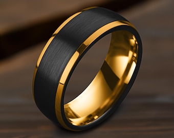 Dome Brushed Black Tungsten Wedding Band: 8mm Gold Edged Ring, Comfort Fit, Free Custom Engraving,Personalized Gift for Him or Her