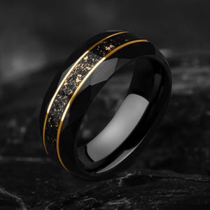 Crushed Meteorite and Gold Leaf Ring, Black Tungsten Faceted Wedding Band, 8mm, 18K Yellow Gold, Brushed Men&#39;s Ring Inlay, Gift for Husband