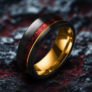 Black Tungsten Ring, Crushed Emerald Inlay, Yellow Gold, Mens Wedding Band Ruby