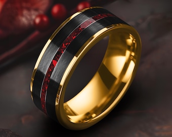 Brushed Black Tungsten Wedding Ring, Gold, Crushed Ruby Inlay, Comfort Fit, 8mm