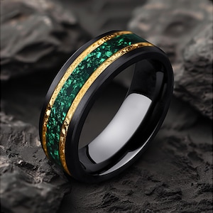 Crushed Emerald Inlay, Yellow Gold Foil, Tungsten 8mm Brushed Black, Mens Wedding Ring, Beveled Edges, Free Engraving, Personalized Gift Men