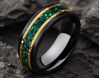 Crushed Emerald Inlay, Yellow Gold Foil, Tungsten 8mm Brushed Black, Mens Wedding Ring, Beveled Edges, Free Engraving, Personalized Gift Men