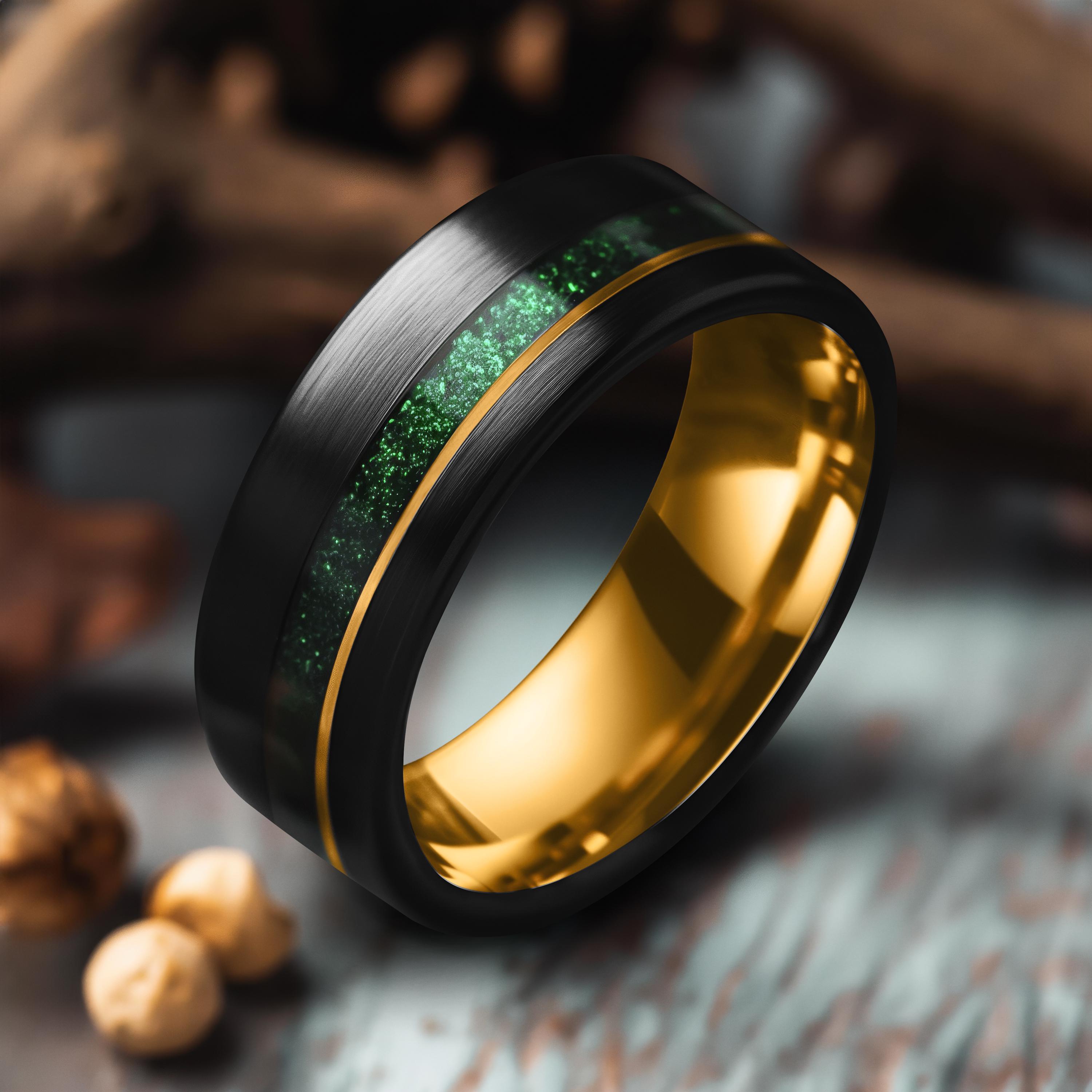 Black and Yellow Gold Tungsten Ring with Crushed Emerald Inlay, 8mm Wedding Band, 18K Gold Line, Black Brushed Ring, Mens Black Wedding Ring