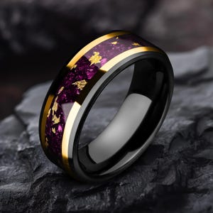 Mens 8mm Tungsten Carbide Band, Crushed Amethyst, 18K Gold Leaf Inlay, Yellow Gold Strips, Black Wedding Ring, Polished Finish, Anniversary