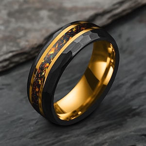 Dome Hammered Black and Gold Tungsten Ring, 8mm Crushed Ruby Inlay, Men’s Wedding Band, Custom Engraved Gift, Comfort Fit Jewelry