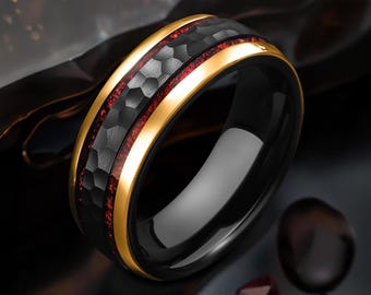 Black and Yellow Gold Hammered Tungsten Wedding Ring, Crushed Ruby Inlay, 18K Gold Strips, Brushed Hammered Finish, Anniversary Gift for Him
