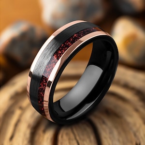 Rose Gold and Black Tungsten Ring: Crushed Ruby Inlay, 8mm Comfort Fit, Wedding Band, Free Custom Engraving, Gift for Him or Her