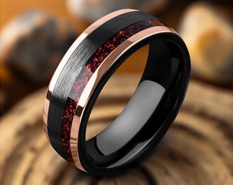 Rose Gold and Black Tungsten Mens Wedding Band with Crushed Ruby Inlay, Polished His Hers 8mm Rose Gold Ring, Red Birthstone Ring for Him