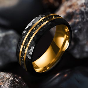 Yellow Gold Black Hammered Wedding Ring, Black Meteorite Ring, 8mm Meteorite and Gold Leaf Inlay, Crushed Meteorite Band, Brushed Tungsten
