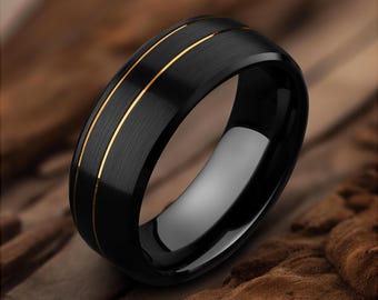 Brushed Black Tungsten Ring with Dual Gold Offset Lines, 8mm Beveled Edge, Men’s Wedding Band, Custom Engraved, Comfort Fit Gift