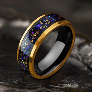 Dome, Polished Gold Tungsten Ring, 8mm Blue and Purple Opal Nebula with Gold Leaf Inlay, Men’s Wedding Band, Comfort Fit, Engraved Gift