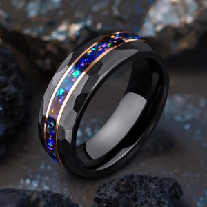 Hammered Black Nebula Ring, Mens Tungsten Carbide Galaxy Wedding Band, Galaxy Opal Ring, 8mm Mens Rose Gold Hammered Ring, Personalized Gift
